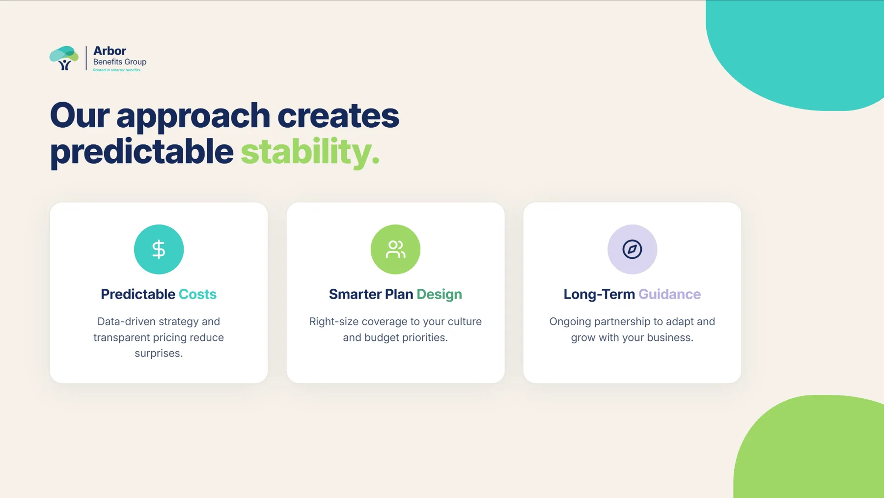 Arbor deck slide — Our approach creates predictable stability: predictable costs, smarter plan design, long-term guidance