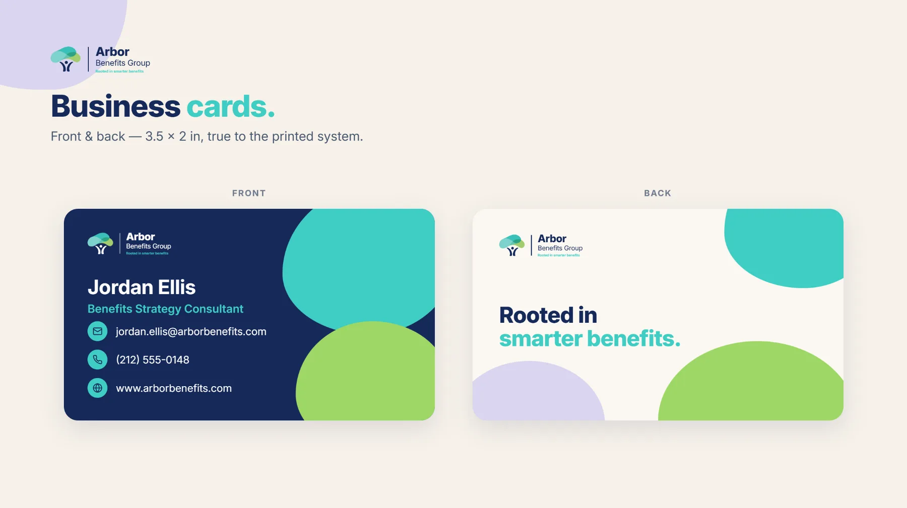 Arbor Benefits Group business cards — front and back, 3.5 by 2 inches, true to the printed system