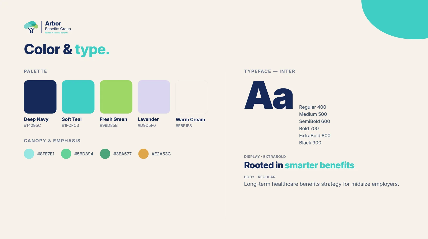 Arbor Benefits Group color and type system — palette swatches and the Inter typeface scale