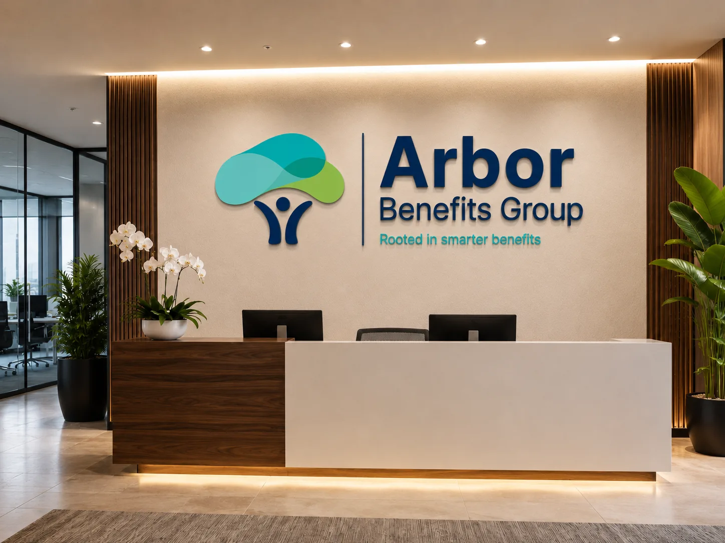 Arbor Benefits Group — reception signage with the dimensional wall logo
