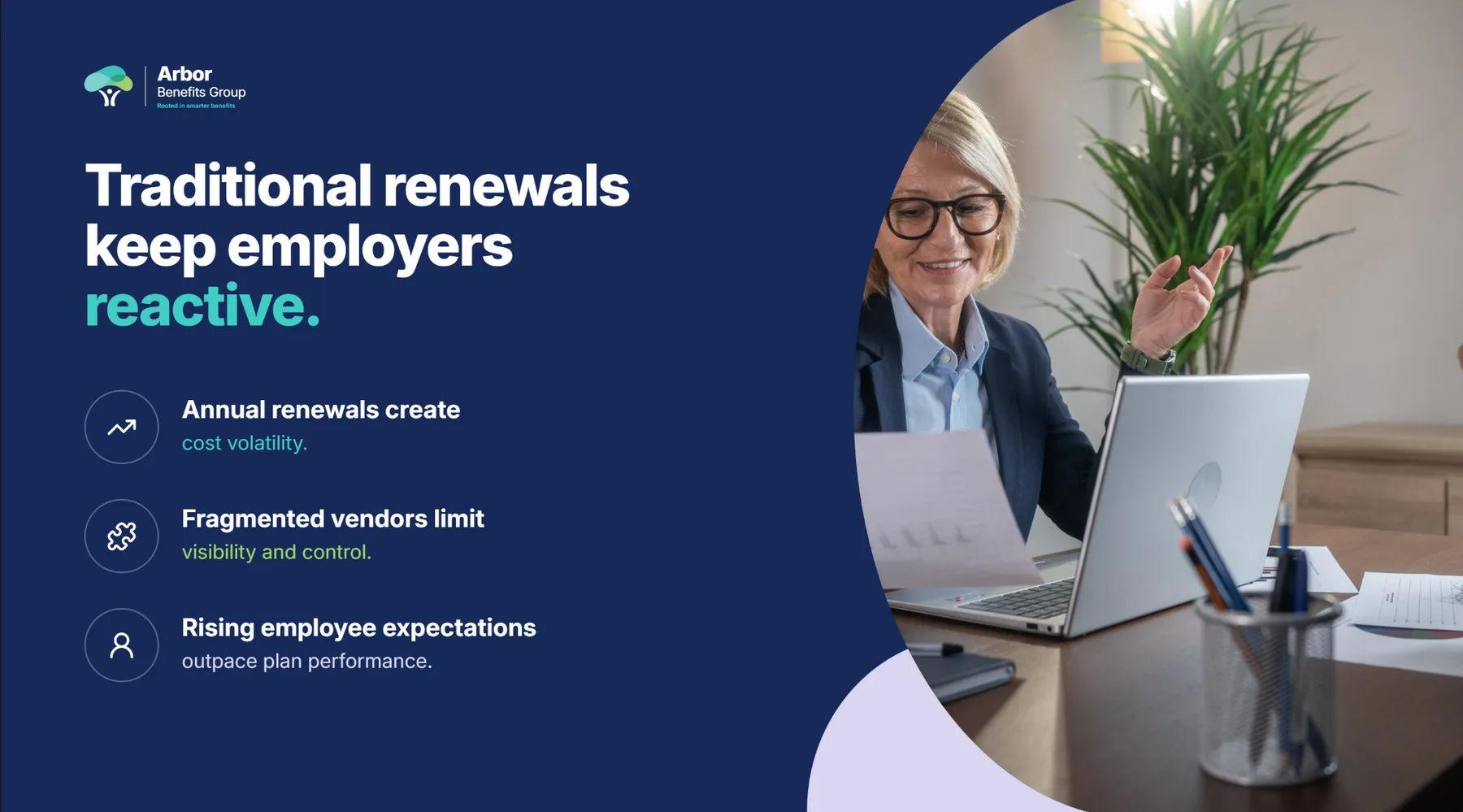 Arbor deck slide — Traditional renewals keep employers reactive: cost volatility, fragmented vendors, rising expectations