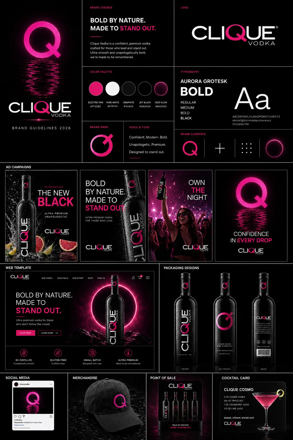Clique Vodka brand system board — logo, color, type, campaigns, packaging, and applications