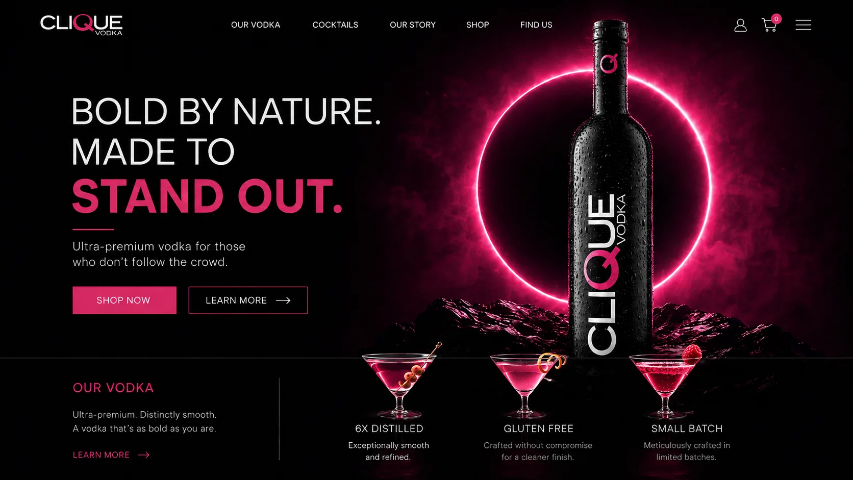 Clique Vodka — “Bold by nature. Made to stand out.” landing page template
