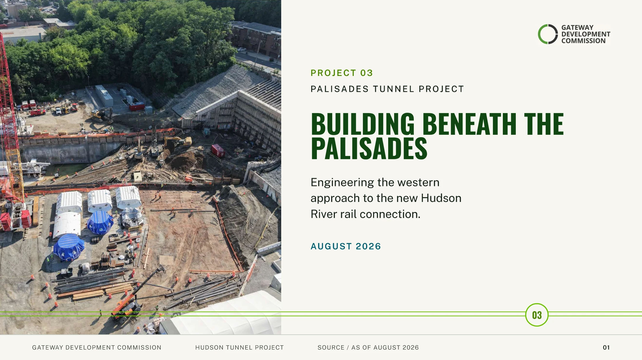 Palisades Tunnel Project title slide, Building beneath the Palisades, aerial view of the North Bergen construction site