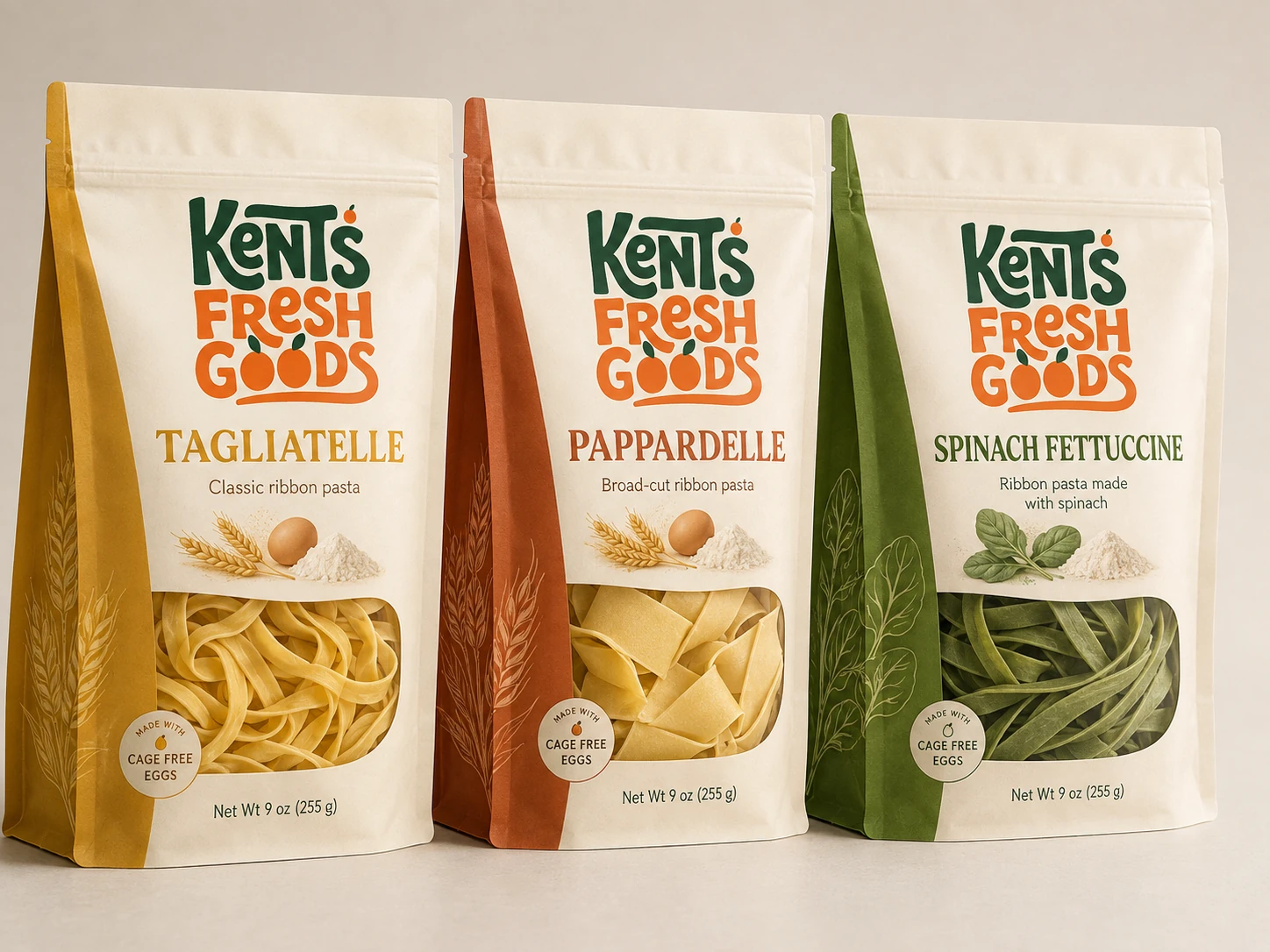 Kent's Fresh Goods fresh pasta, tagliatelle, pappardelle, and spinach fettuccine