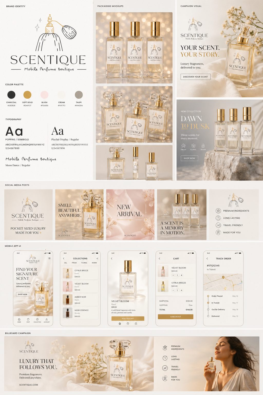 Scentique full brand board — identity, packaging, web and billboard applications