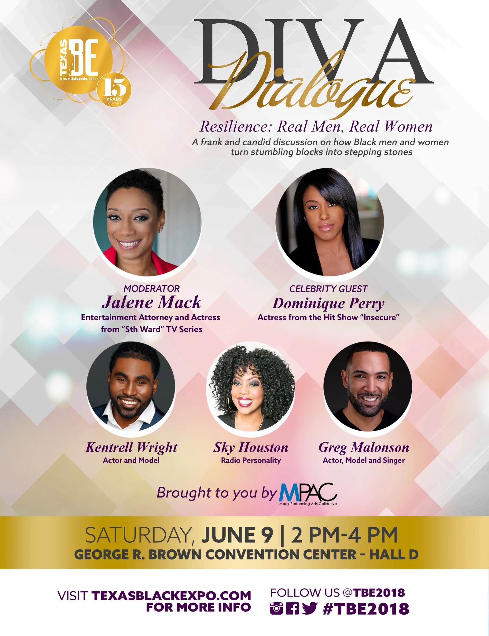 Texas Black Expo 2018 Diva Dialogue event flyer — Resilience: Real Men, Real Women — moderated by Jalene Mack with celebrity guest Dominique Perry