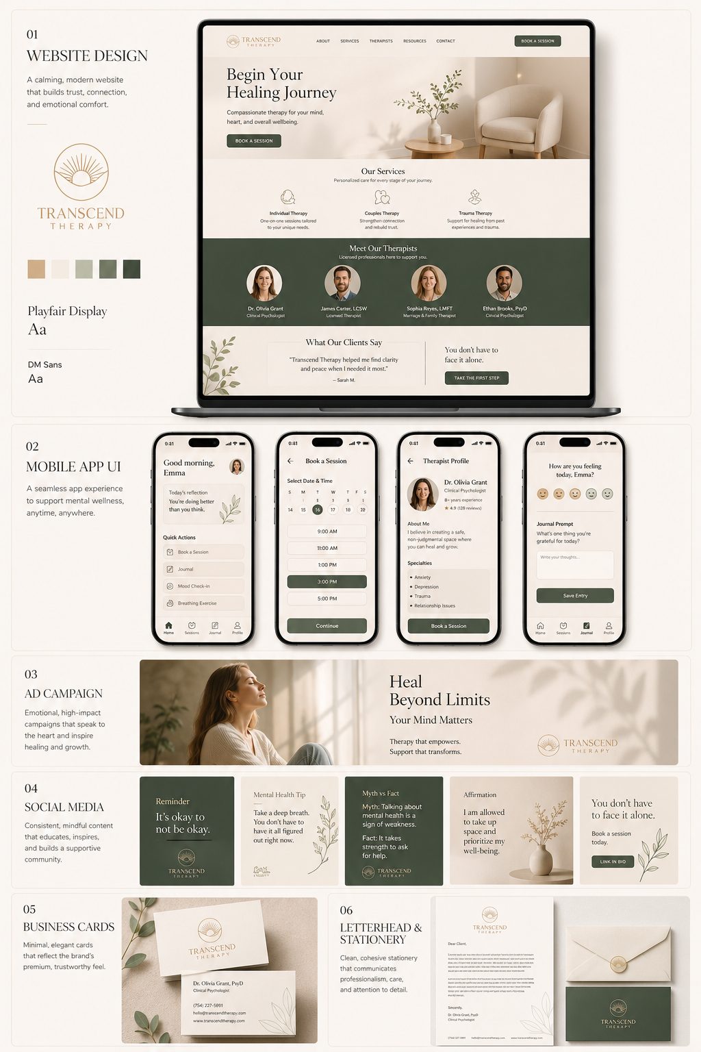 Transcend Therapy — wellness brand system, web mockup